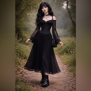 Vintage Cachet Gauzy Flowy Black Maxi Skirt Whimsy Goth Core Size 10